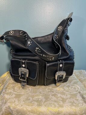 Charm and Luck Black Genuine leather & Rhinestone Shoulder Bag